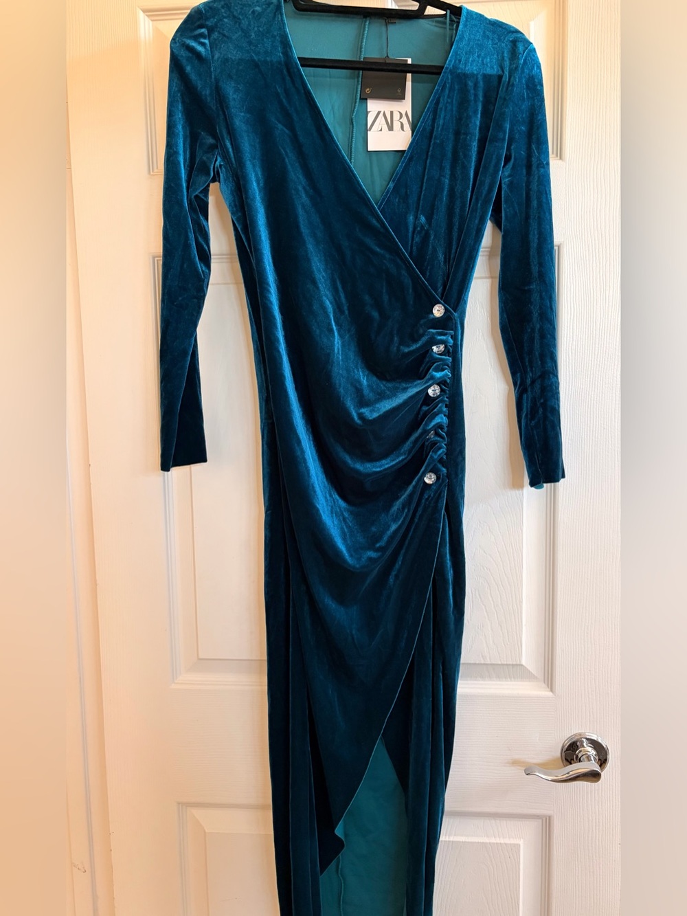 Zara Teal Velvet Long-Sleeve Wrap Dress with Decorative Buttons